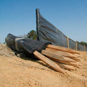 Silt Fence, 70g, 3’W x 100’L, Pre-assembled w/ 4’ wood stakes