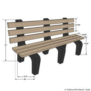 Traditional Park Bench, 6’L, Cedar