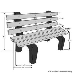 Traditional Park Bench, 4’L, Gray