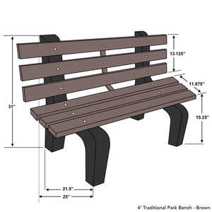 Traditional Park Bench, 4’L, Brown