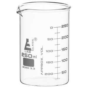 Low Form Graduated Glass Beakers, 250 ml Capacity, 25 ml Graduations, 25 ml to 200 ml Graduation Range