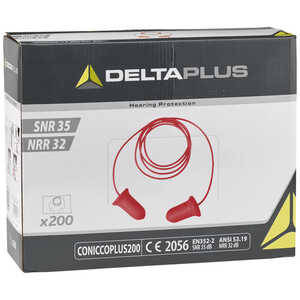 Delta Plus Conic Plus Foam Earplugs, Corded, Box of 200 pairs