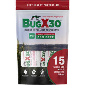Bug-X 30 Insect Repellent, 30% DEET, Pack of 15 Individual Towelettes
